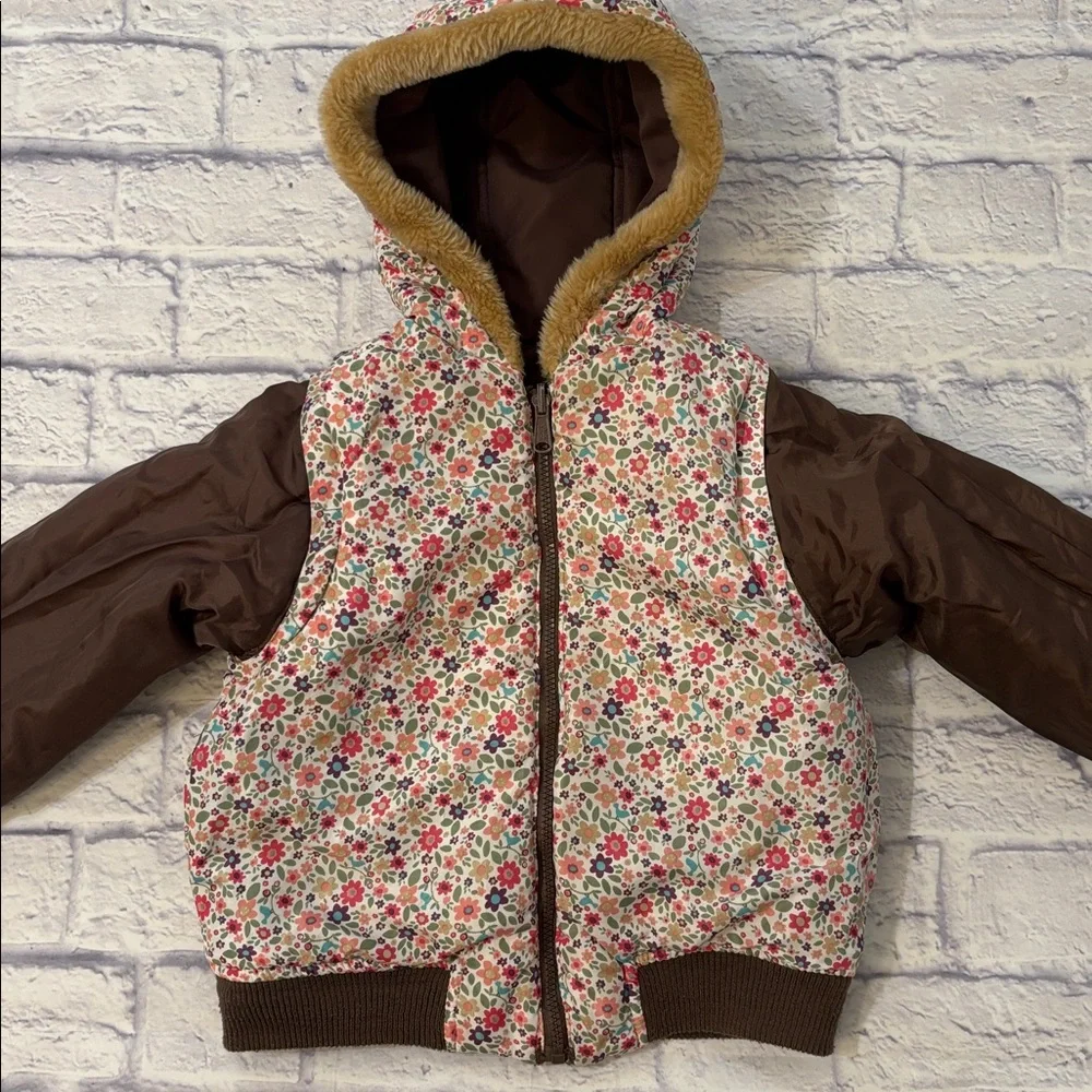 Oshkosh Reversible Convertible Puffer Jacket Vest Brown Pink Floral Girls Size 6